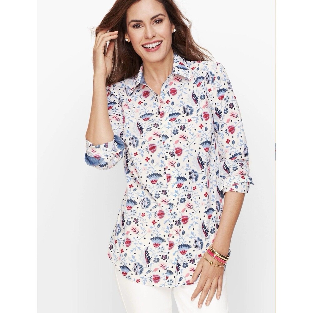 Talbots Crisp Cotton Button Top Climbing Floral White Blue Red Women’s Size 3XL